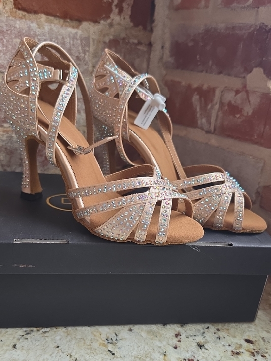 dance and sway Shoes - Crystal Embellished Tan Strappy Evening Heels